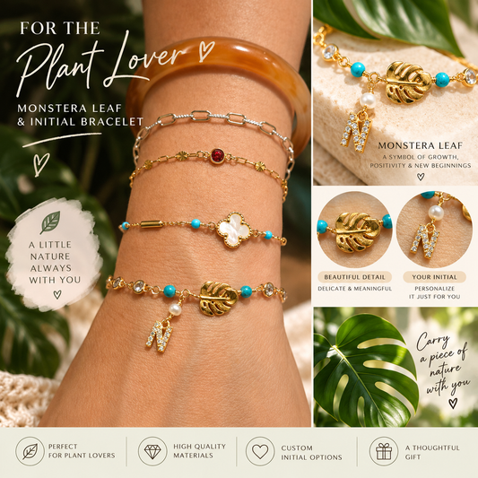 Personalized Monstera Leaf & Initial Gold-Filled Bracelet | Custom-Fit Permanent Jewelry Style