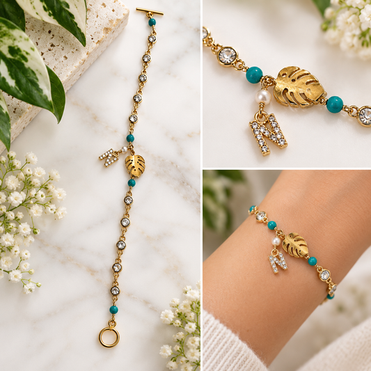 Personalized Monstera Leaf & Initial Gold-Filled Bracelet | Custom-Fit Permanent Jewelry Style