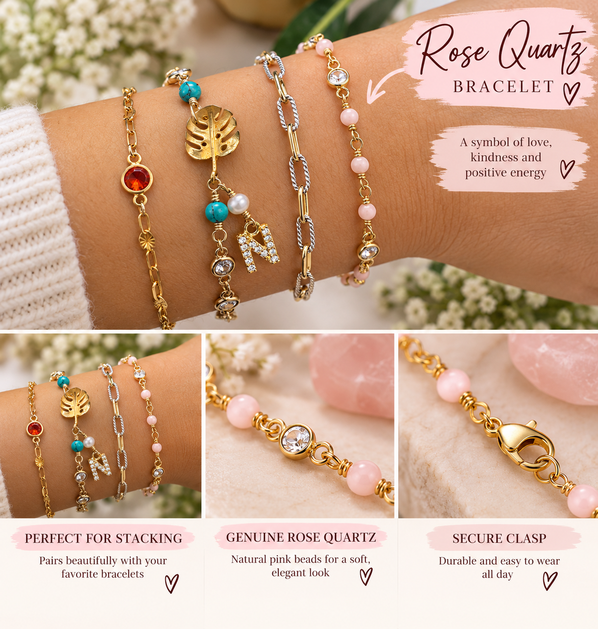 Rose Quartz Bracelet – Handmade Custom Fit | Removable Permanent Jewelry