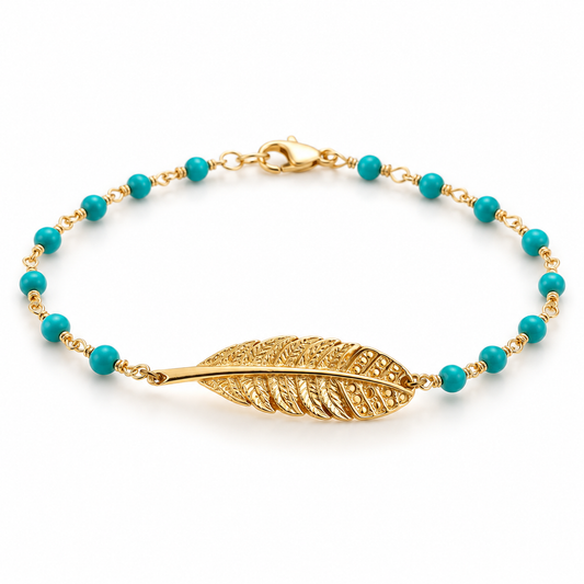Gold-Filled Feather Bracelet with Turquoise Beads – Handmade Custom Fit | Removable Permanent Jewelry