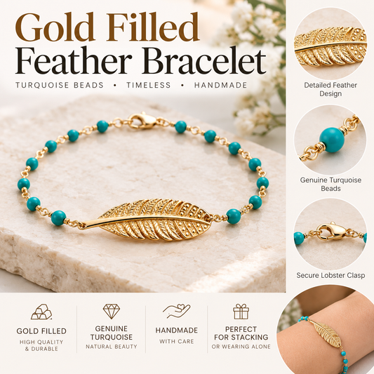 Gold-Filled Feather Bracelet with Turquoise Beads – Handmade Custom Fit | Removable Permanent Jewelry
