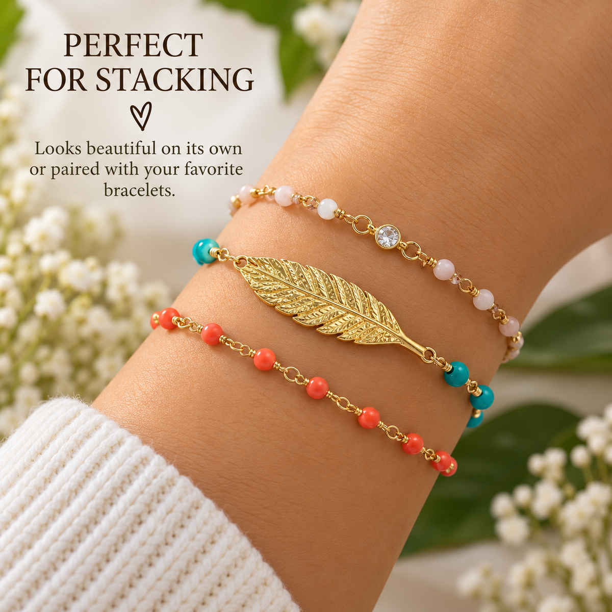 Gold-Filled Feather Bracelet with Turquoise Beads – Handmade Custom Fit | Removable Permanent Jewelry